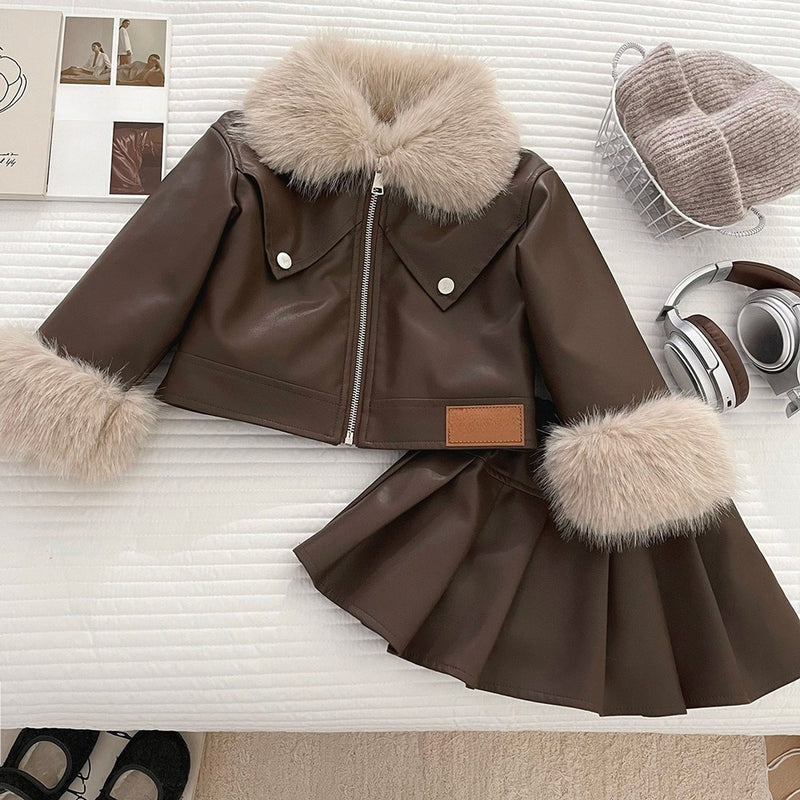 Girls' Winter PU Leather Jacket and Skirt Two-Piece Set