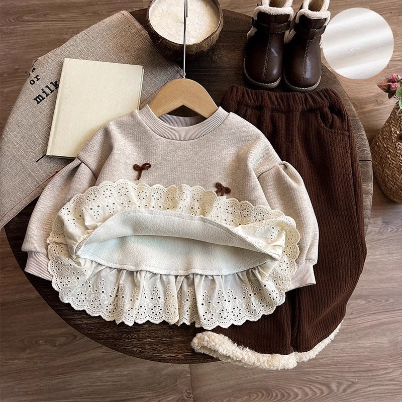 Girls' Winter Fleece Sweatshirt and Pants Two-piece Set