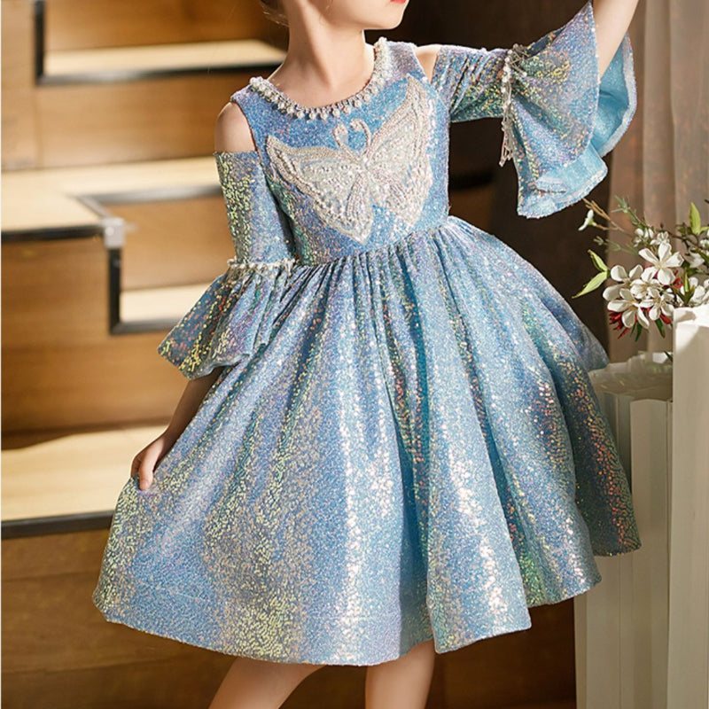 Girl Child Shoulder Cutout Trumpet Sleeve Pearl Sequins Princess Dress