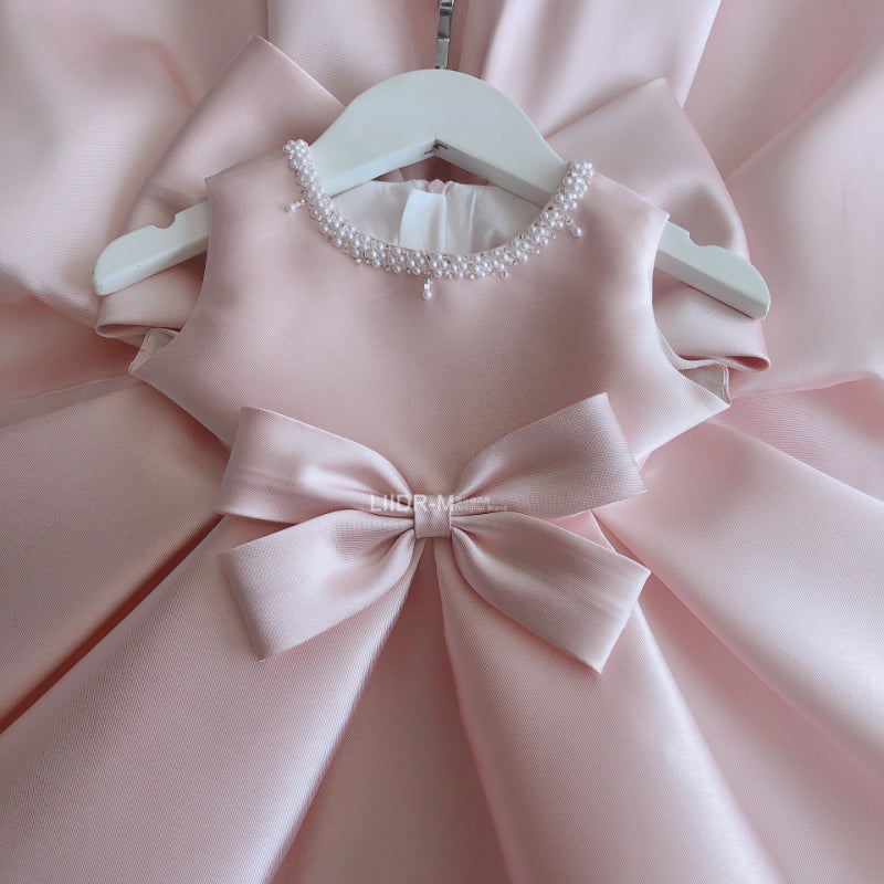 Baby Girl Birthday Party Bead Collar Sleeveless Bow-knot Princess Dress