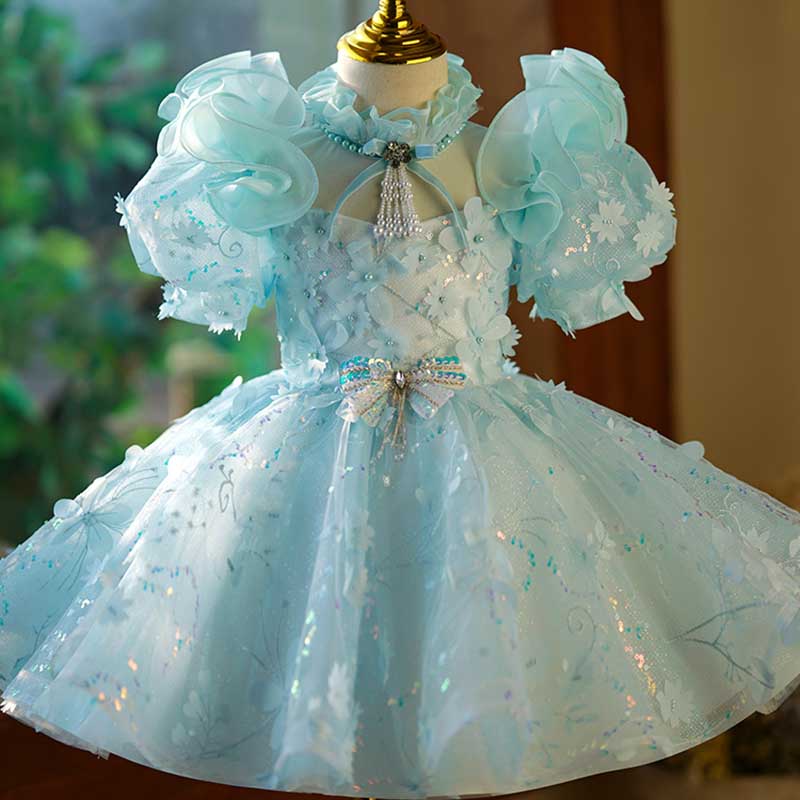 Baby Girl Dress Toddler Birthday Pageant Wedding Sequin Bow Fluffybow Puff Sleeves Dress