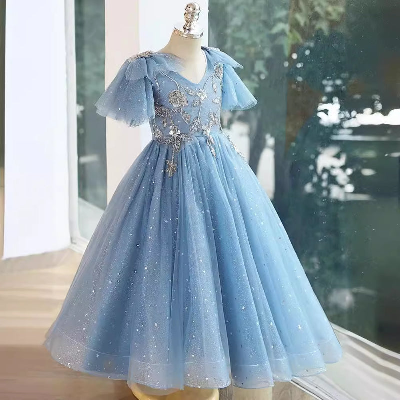 Elegant Baby Blue Sequined Long Dress Toddler Party Dresses