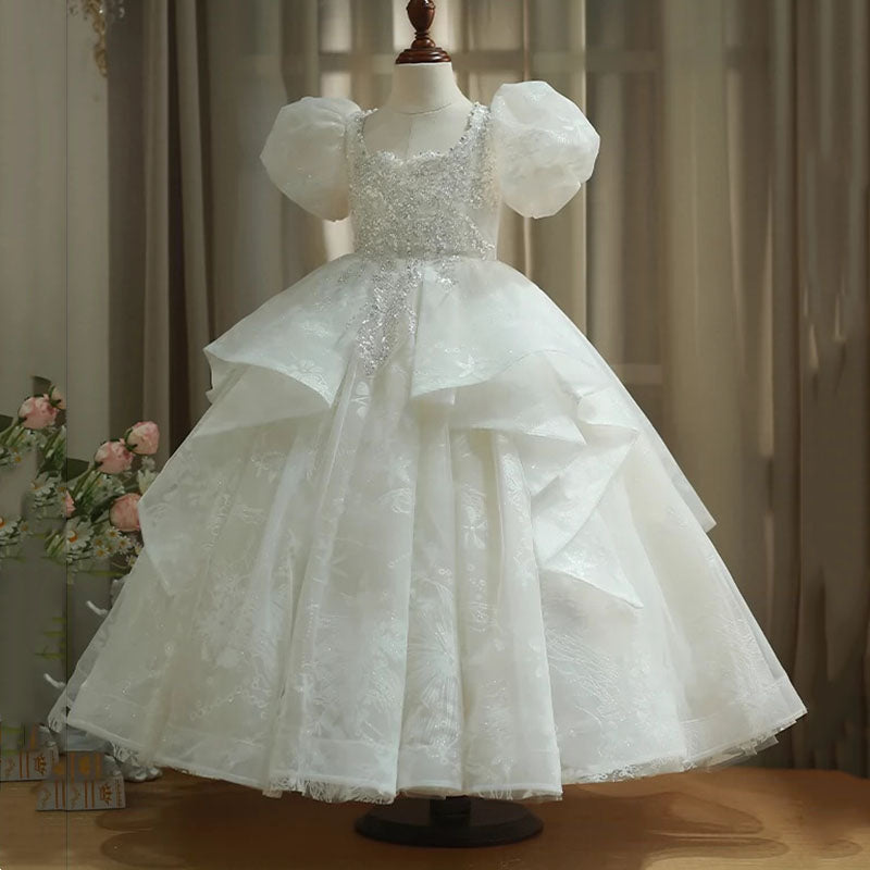 Girl Wedding Birthday Dress Sequin Pattern Puff Sleeve Princess Dress