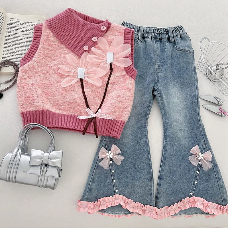Girls' Autumn Floral Vest Shirt and Flared Jeans Three-Piece Set