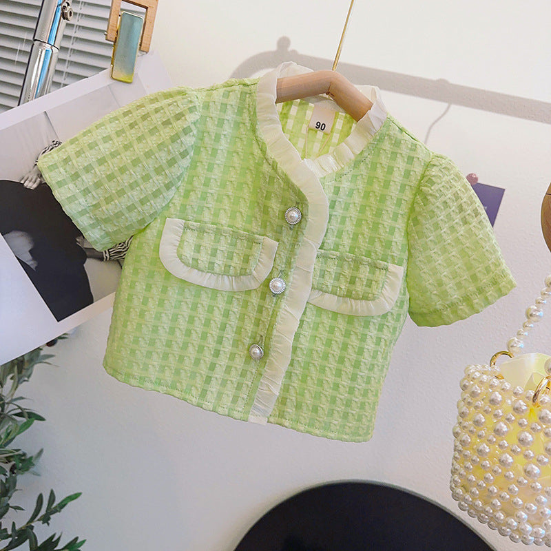 Cute Girls Green Checkered Top and Skirt Two-piece Set