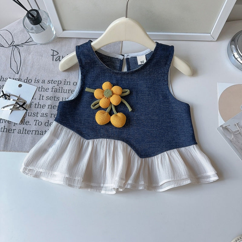 Girls' New Autumn Bottoming Shirt Denim Vest Lace Jeans Three-piece Set