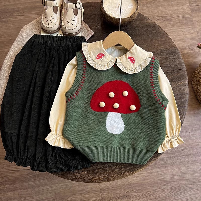 Girls' Autumn Knitted Vest Shirt and Pants Three-piece Set