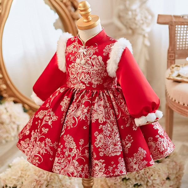 Girls Christmas Embroidery Winter Dress Toddler  Long Sleeves Princess Dress