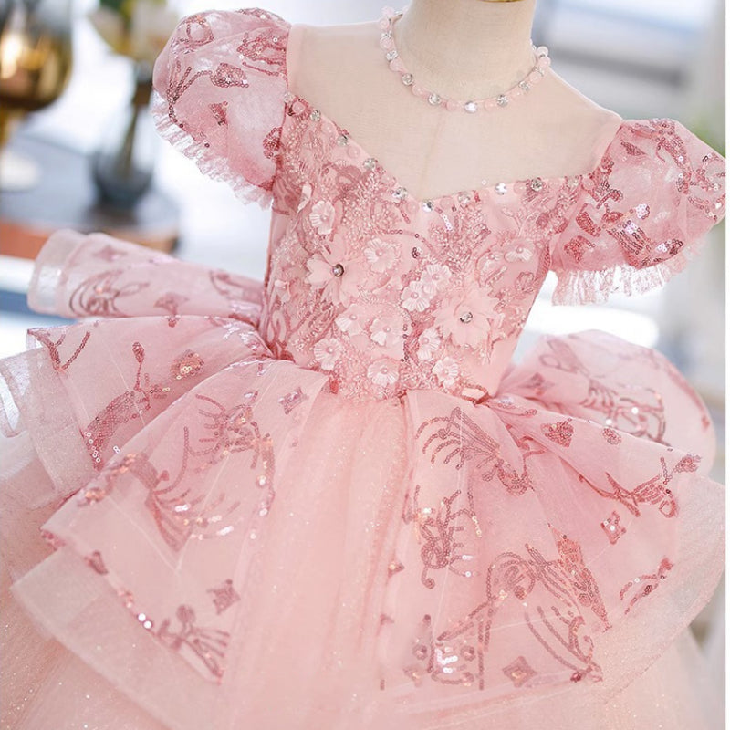 Flower Girl Dress Little Girl Pink Princess Dress Host Birthday Performance Fluffy Yarn