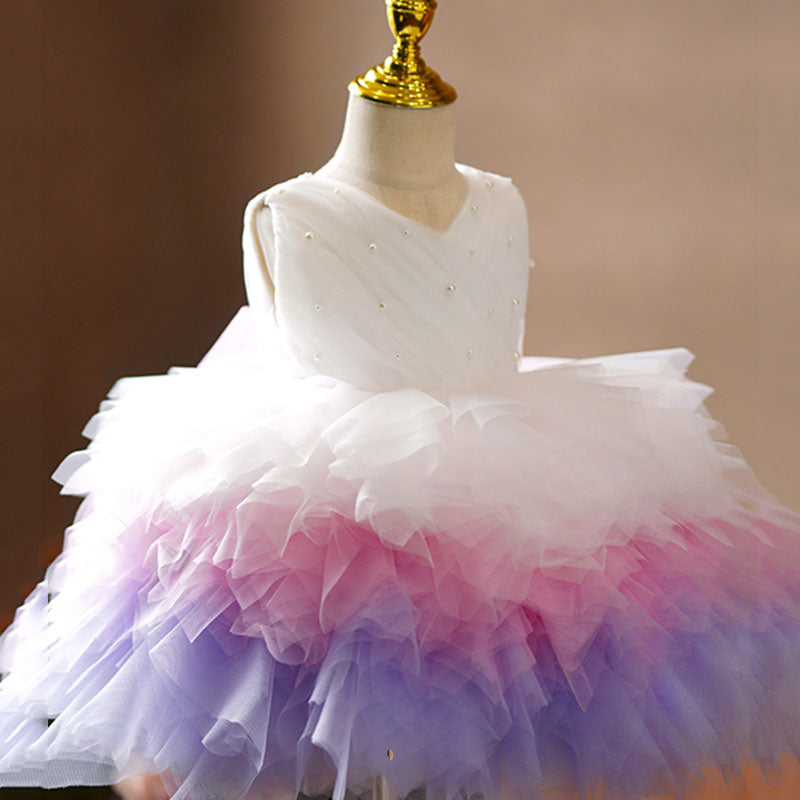 Baby Girl Wedding Birthday Bead Bow Stitching Colorful Fluffy Princess Dress