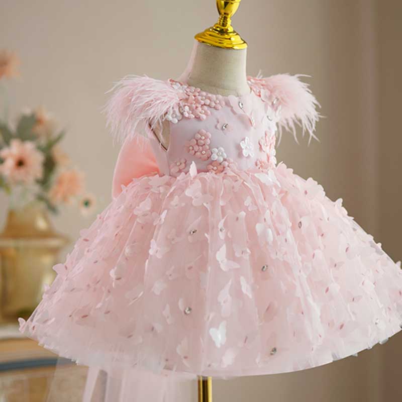 Cute Baby Birthday Party Tassel Sleeveless Dress Butterfly Flower Princess Dress