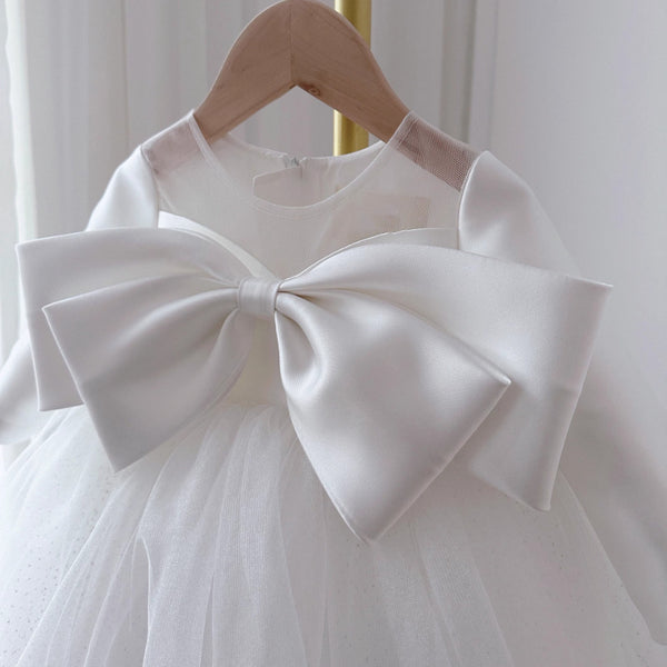 Cute Baby Long-sleeved Oversized Bow White Gauze Dress Toddler Birthday Princess Dress