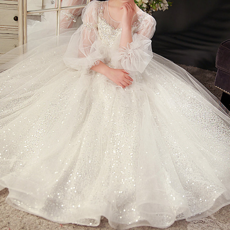 Girls White Sequin Dress Children Birthday Princess Dress