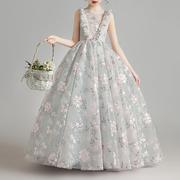 Elegant Baby Girls Gray V-neck Floral Long Mesh Princess Dress Toddler Flower Girl Dress