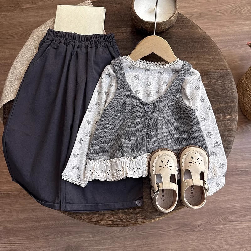 Girls' Autumn Knitted T-shirt Vest Pants Three-piece Set