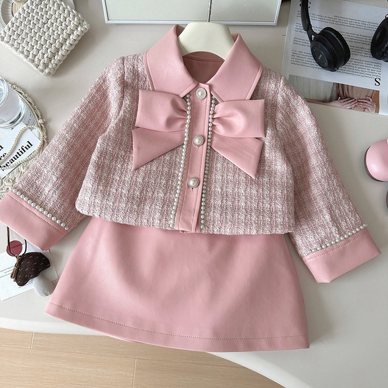 Spring Girls PU Leather Splicing Plaid Jacket Skirt Two-Piece Set