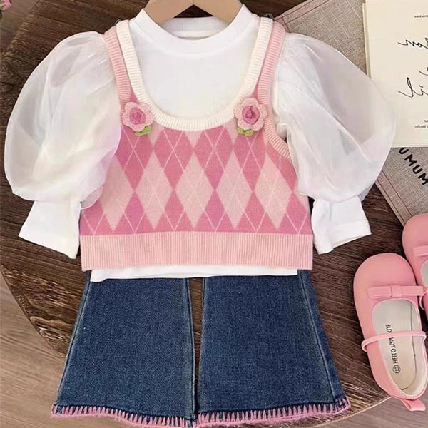 Cute Baby Girl Puff Sleeve Three-piece Set