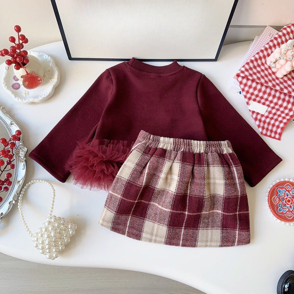 Girls' Winter Christmas New Year Fleece-Lined Top Skirt Two-Piece Set
