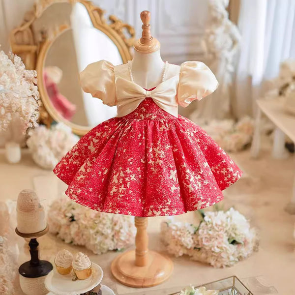 Cute Girls Red and White Contrast Butterfly Print Prom Dress for Toddlers One Year Old Princess Dress