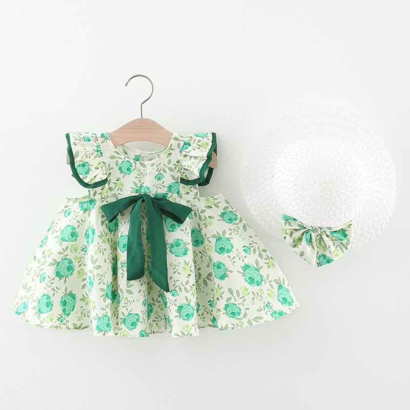 Baby Girl Dress Bow-knotted Floral Dress with Flying Sleeves