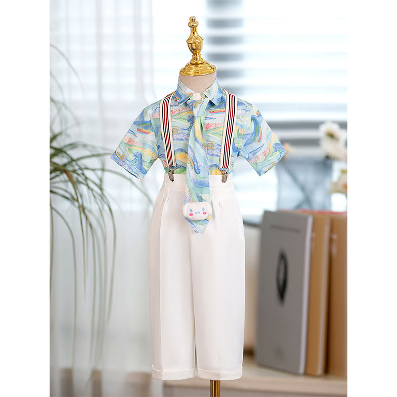 Boy Summer Baby Flower Shirt Overalls British Suit Set