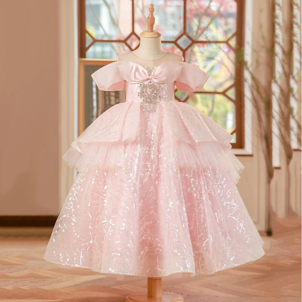 Elegant Baby Pink Mesh Sequin Puff Dress Toddler Girl Formal Dresses