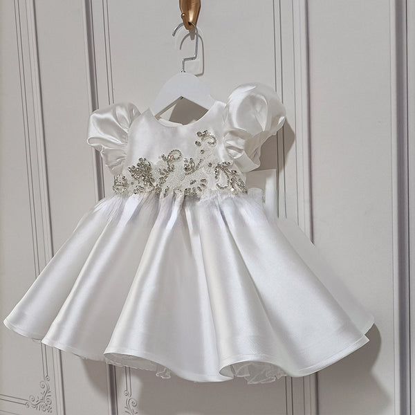 Cute Baby Girl White Satin Three-dimensional Flower First Communion Dress Toddler Prom Dress