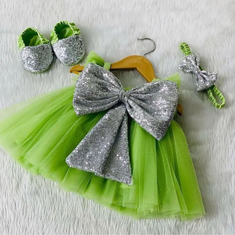 Cute Baby Girl  Baptism Dress Toddler Bow Sequins First Birthday Princess Dress