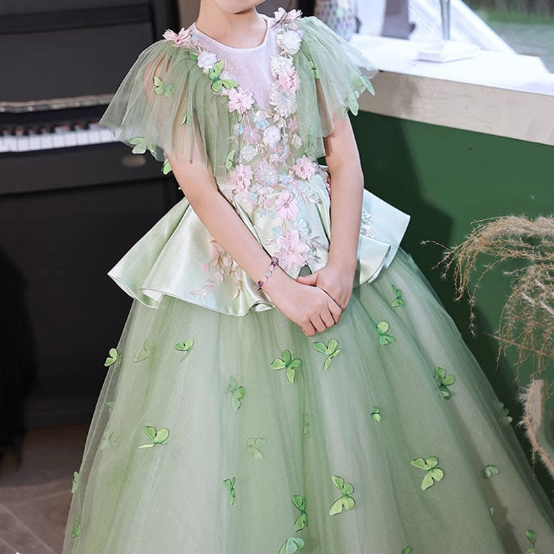 Elegant Baby Girls Green Floral Puff Sleeve Evening Dress Toddler Flower Girl Dresses Elegant Baby Girls Green Floral Puff Sleeve Evening Dress Toddler Flower Girl Dresses