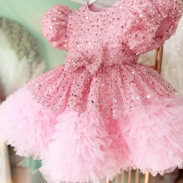 Cute Baby Girl  Baptism Dress Toddler Pink Sequins First Communion Princess Dress