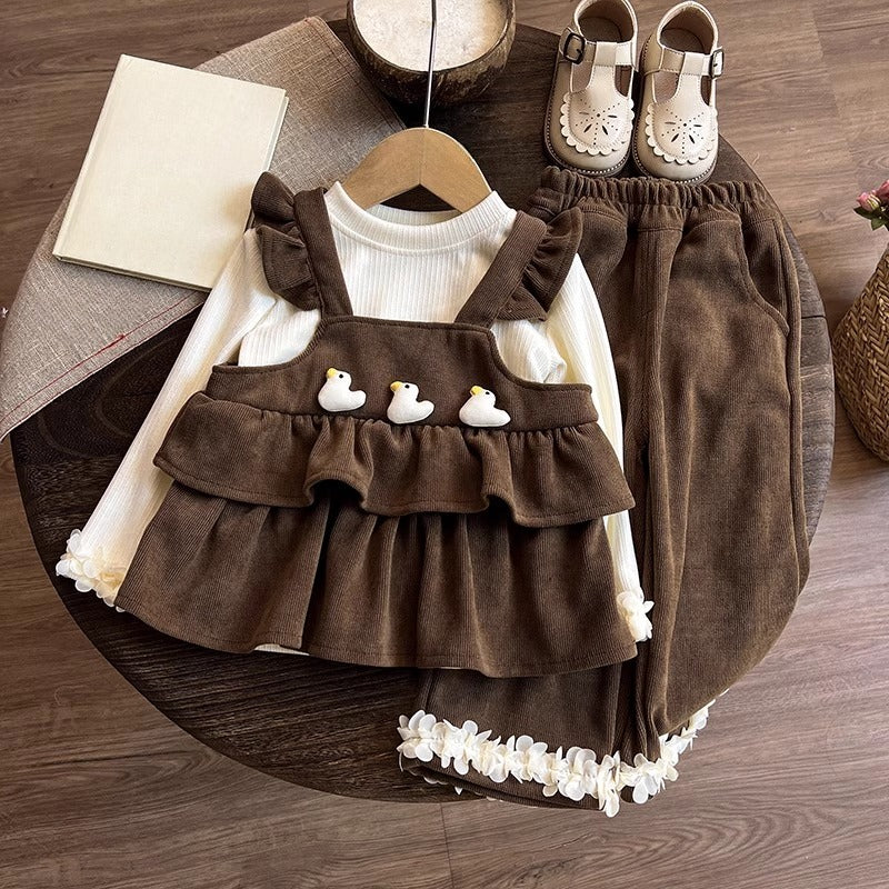 Girls' Autumn Tops Bottoming Shirt and Wide-leg Pants Three-piece Set