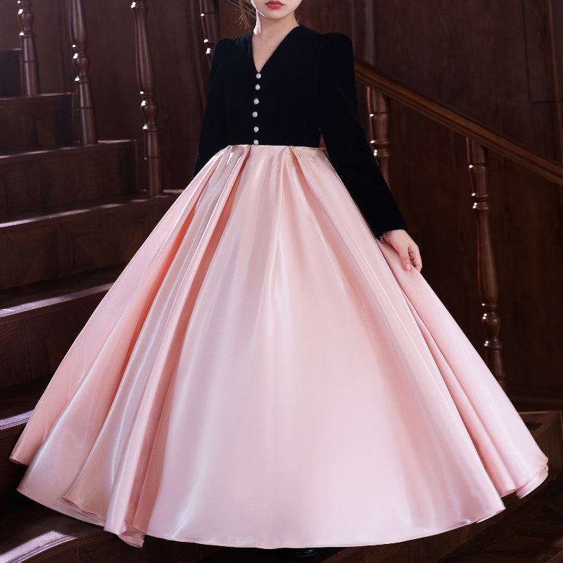 Girls Prom Dresses Children's Long Sleeve Satin Birthday Princess Dress