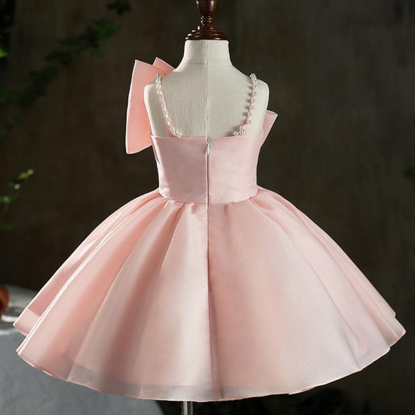 Elegant Baby Girls Pink Bow Pearl Strap Puffy Girls Christening Dress Toddler Beauty Pageant Dressess