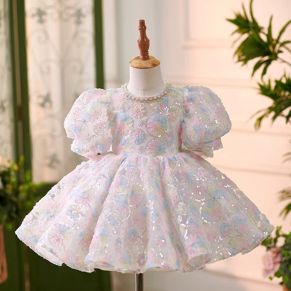 Elegant Baby Sequined Floral Puff Sleeve Flower Girl Dress Toddler Ball Gown