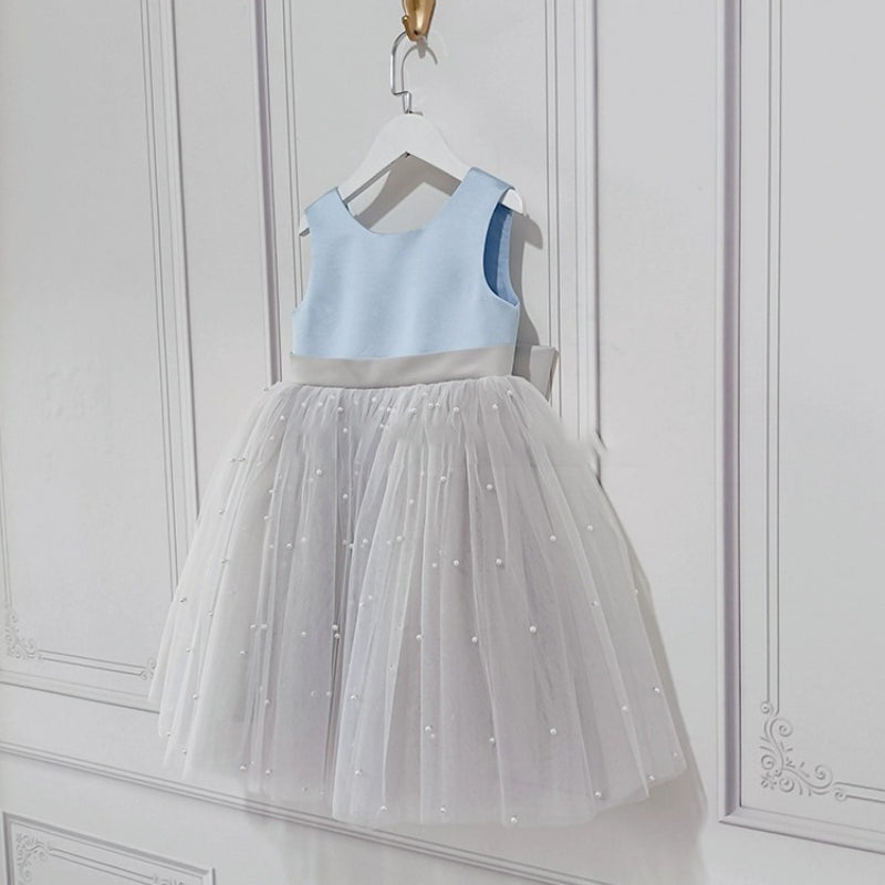 Girl Formal Blue Princess Dress Flower Girl Wedding Bow Dress