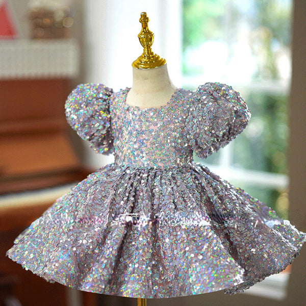 Elegant Baby Silver Sequin Puff Sleeve Pleated Party Dress Toddler Prom Dress