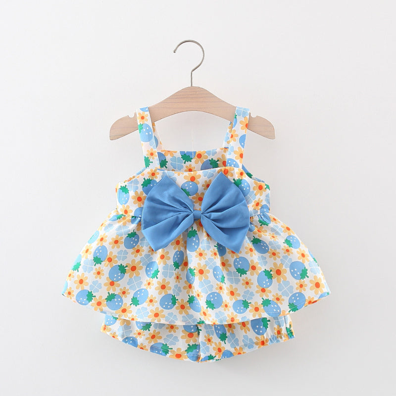 Summer Baby Girl Strawberry Print Bow-knot Suspender Suit