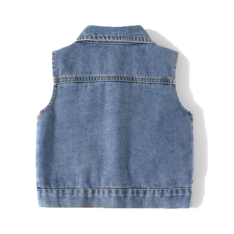 Girls' Cartoon Denim Vest Toddler Fall Cute  Playful Radish Denim Vest Sleeveless Lapel Vest