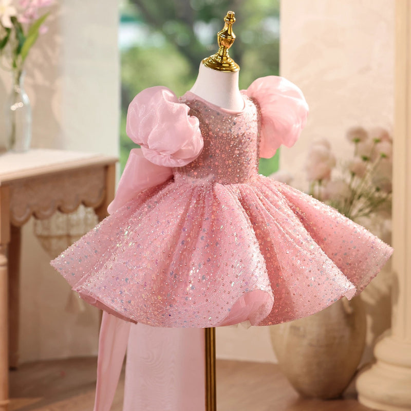 Children's Sequined Dress Flower Girl Wedding Puff Sleeve Dress Girl Birthday Princess Dress