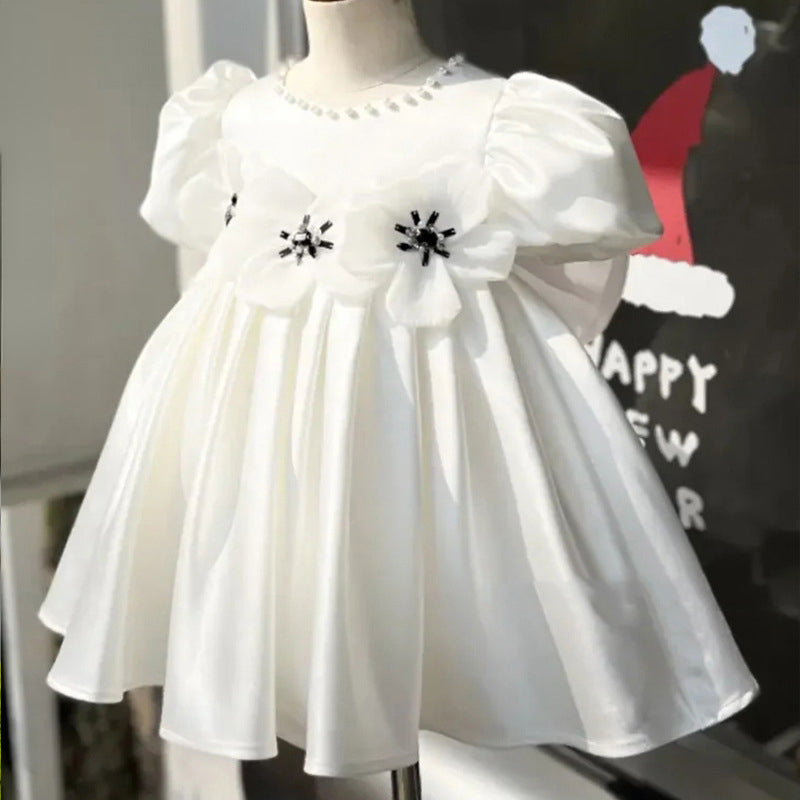 Sweet Baby Girls White Big Bow Puff Dress Toddler First Communion Dress