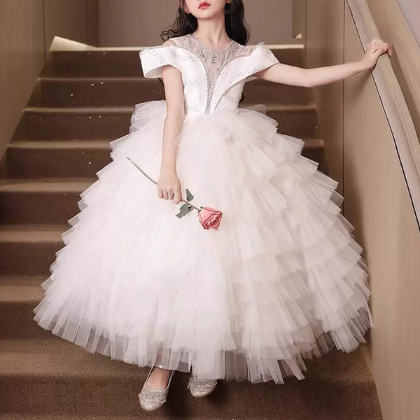 Elegant Baby White V-Neck Flower Girl Dress Toddler Puffy Princess Dress