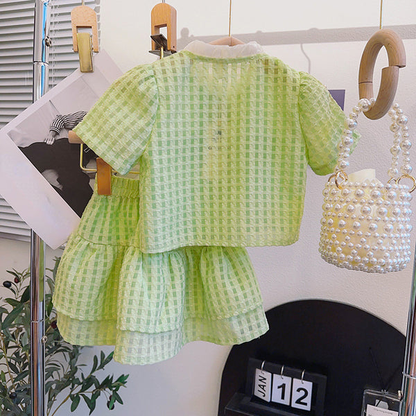 Cute Girls Green Checkered Top and Skirt Two-piece Set