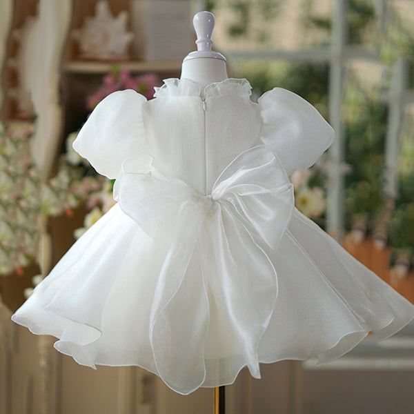 Elegant Baby White Sequin Puff Sleeve Mesh Princess Dress Toddler First Communion Dress