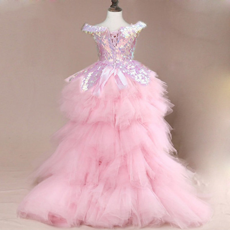 Elegant Baby Girls Pink One Shoulder Sequin Short Tail Princess Dress Princess First Year Dress