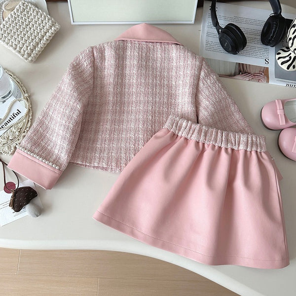 Spring Girls PU Leather Splicing Plaid Jacket Skirt Two-Piece Set