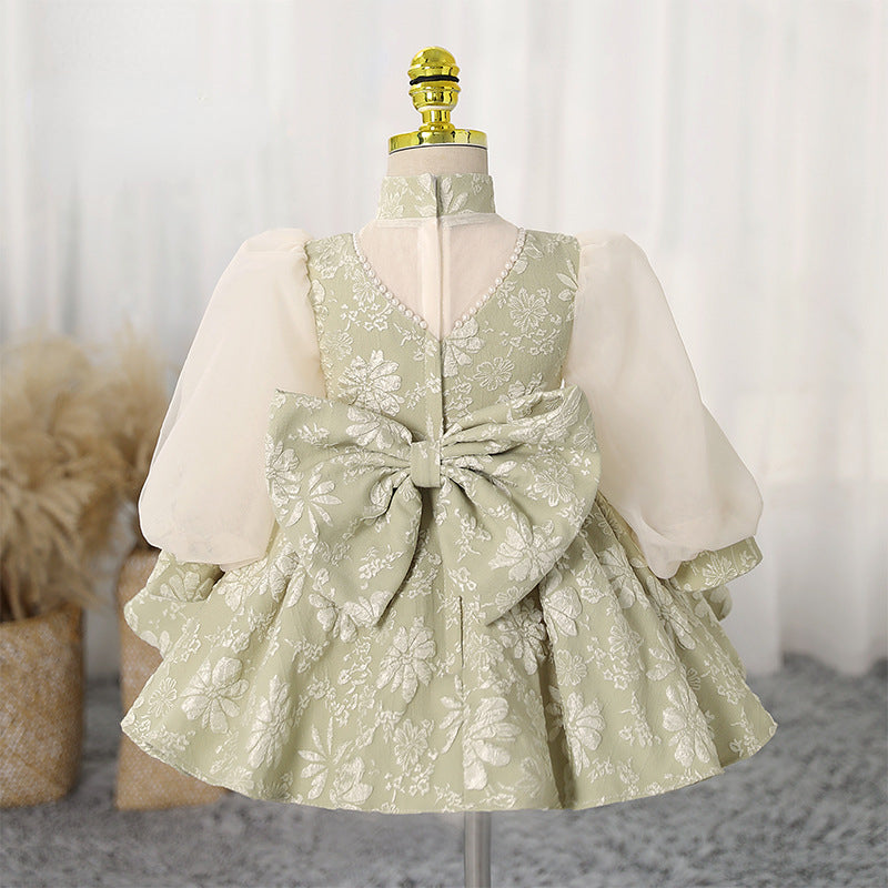 Elegant Baby Girls Green Puff Sleeve Embroidered Christening Dress Toddler Birthday Costume Princess Dress