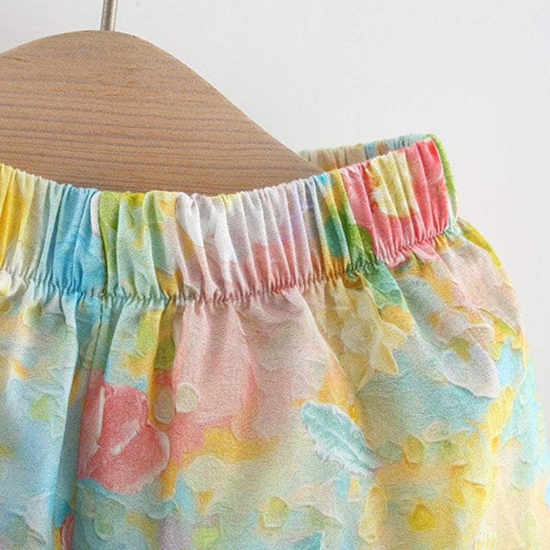 Baby Girls Set Printed Flying Sleeve Suspender Elastic Shorts Two-piece Set