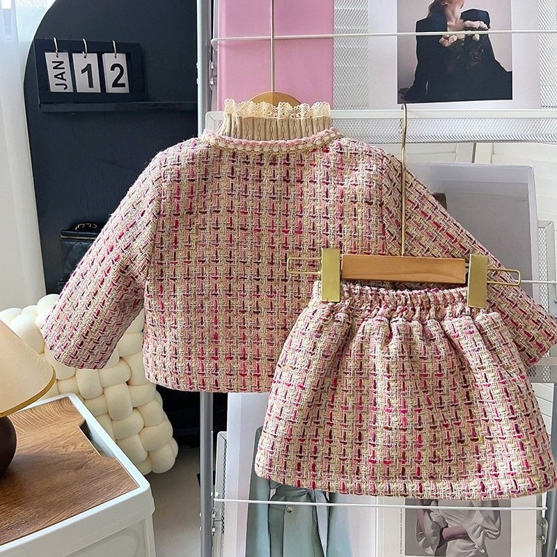 Girls' Winter Plaid Coat and Skirt Two-piece Set