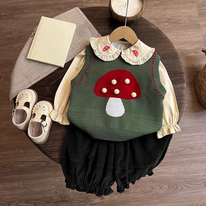 Girls' Autumn Knitted Vest Shirt and Pants Three-piece Set