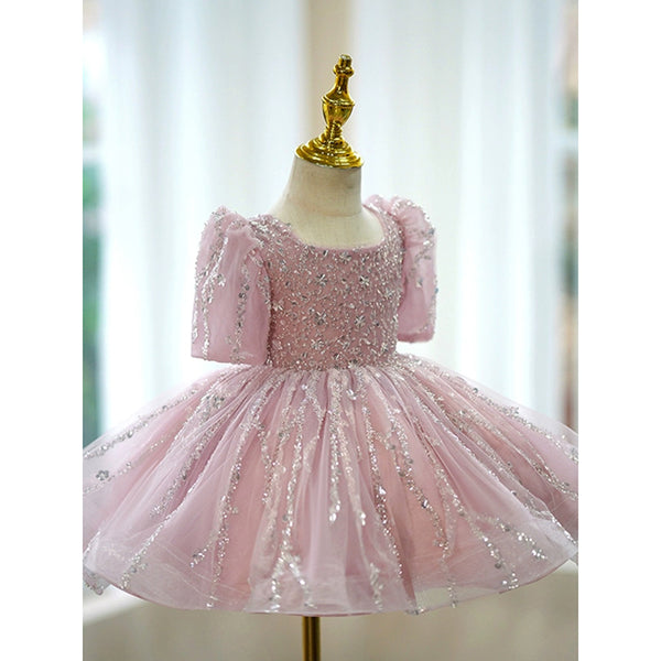 Elegant Baby Girl Pink Sequined Puff Birthday Dress Toddler Ball Gowns